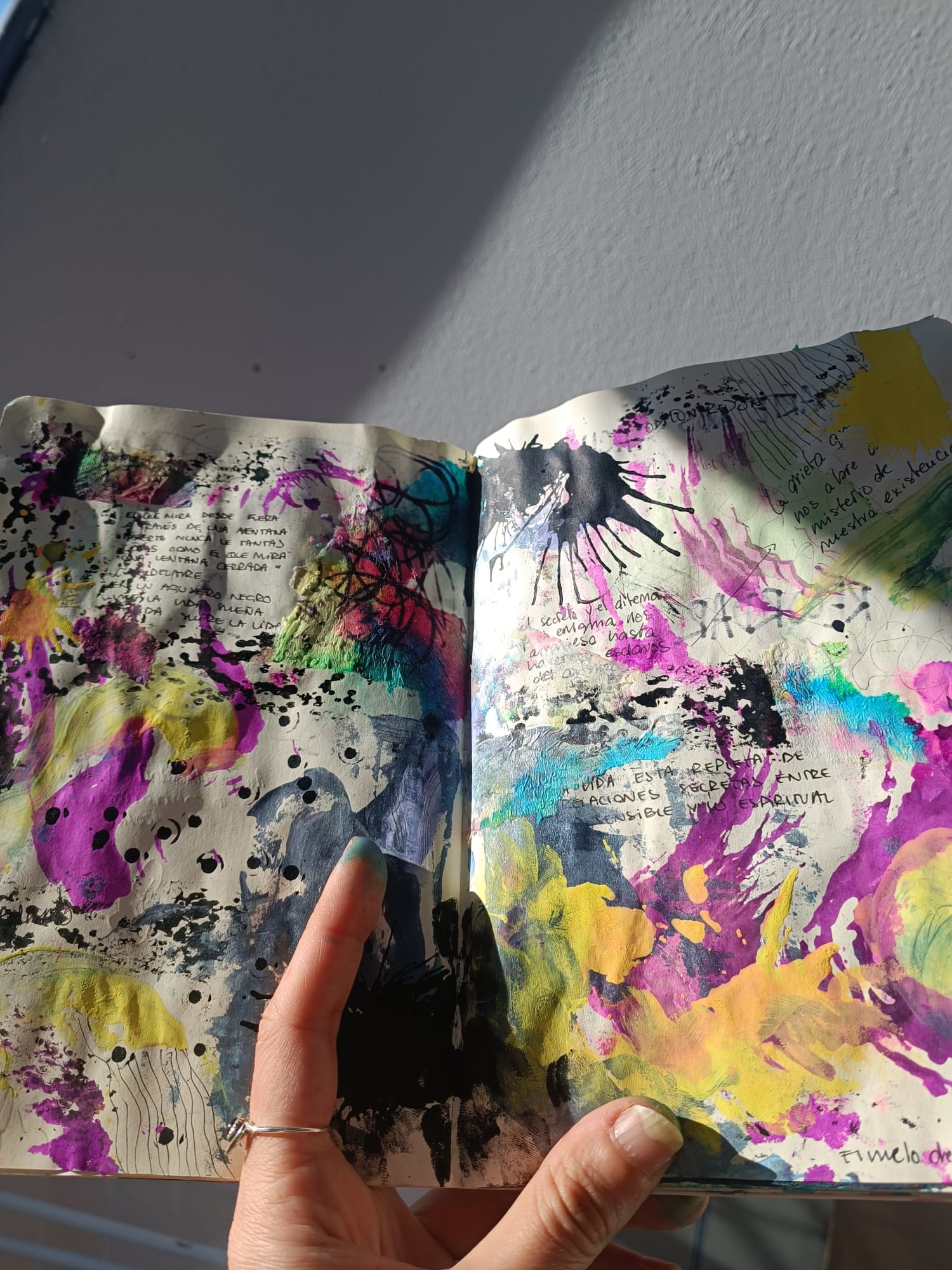Cuaderno de artista con manchas de tinta, color y escritura a mano